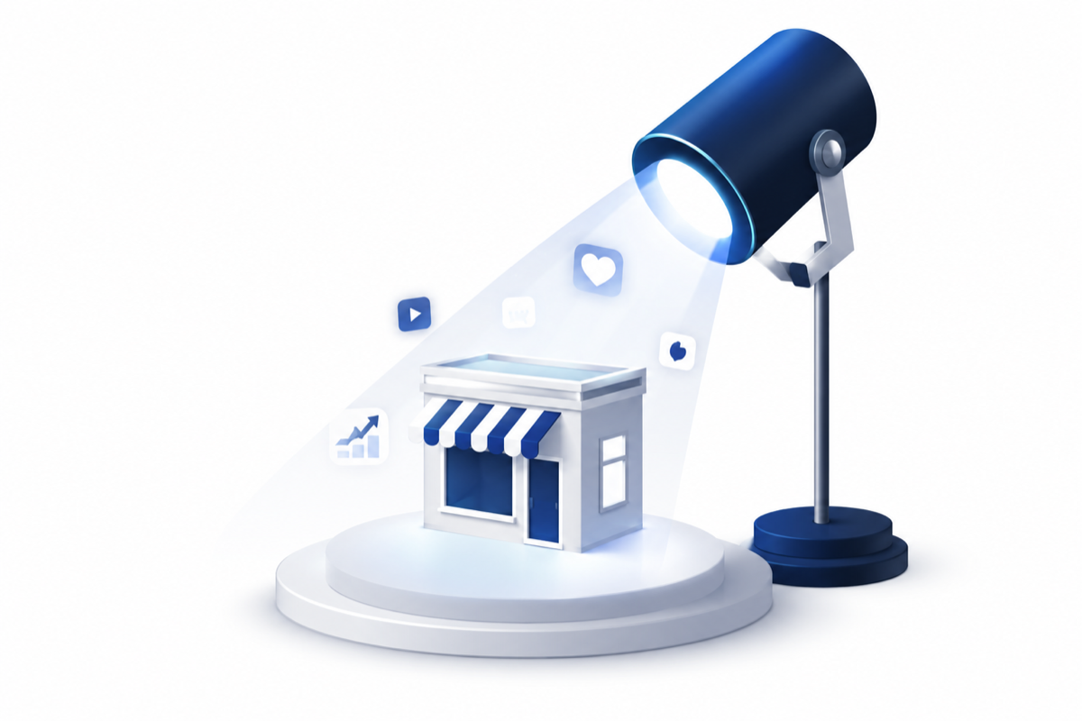 A spotlight illuminating a storefront, surrounded by floating social media icons