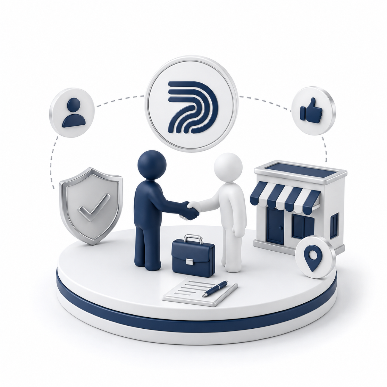 A handshake between the agency and a local business, with a trust shield and storefront