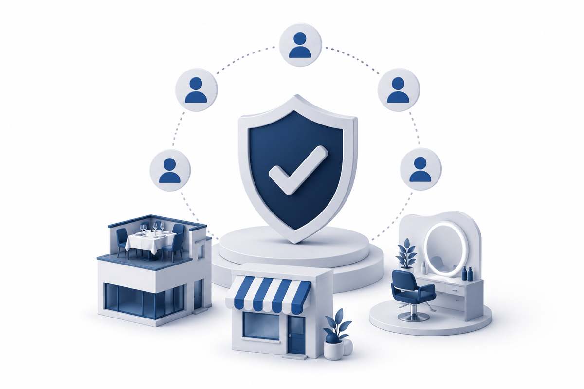 A trust shield above a restaurant, a storefront and a salon — the businesses Diya works with