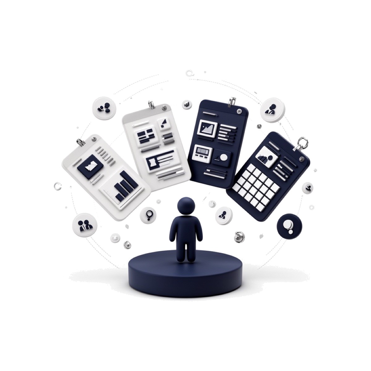3D illustration of performance reports and dashboards around a figure