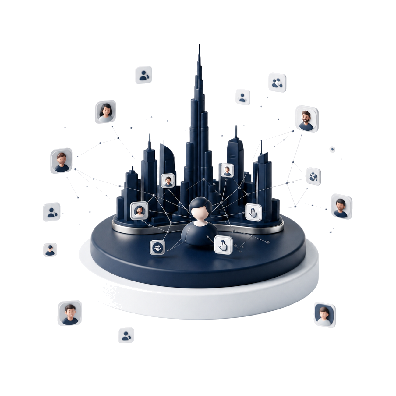 3D illustration of a network of Dubai creators connected across the city skyline