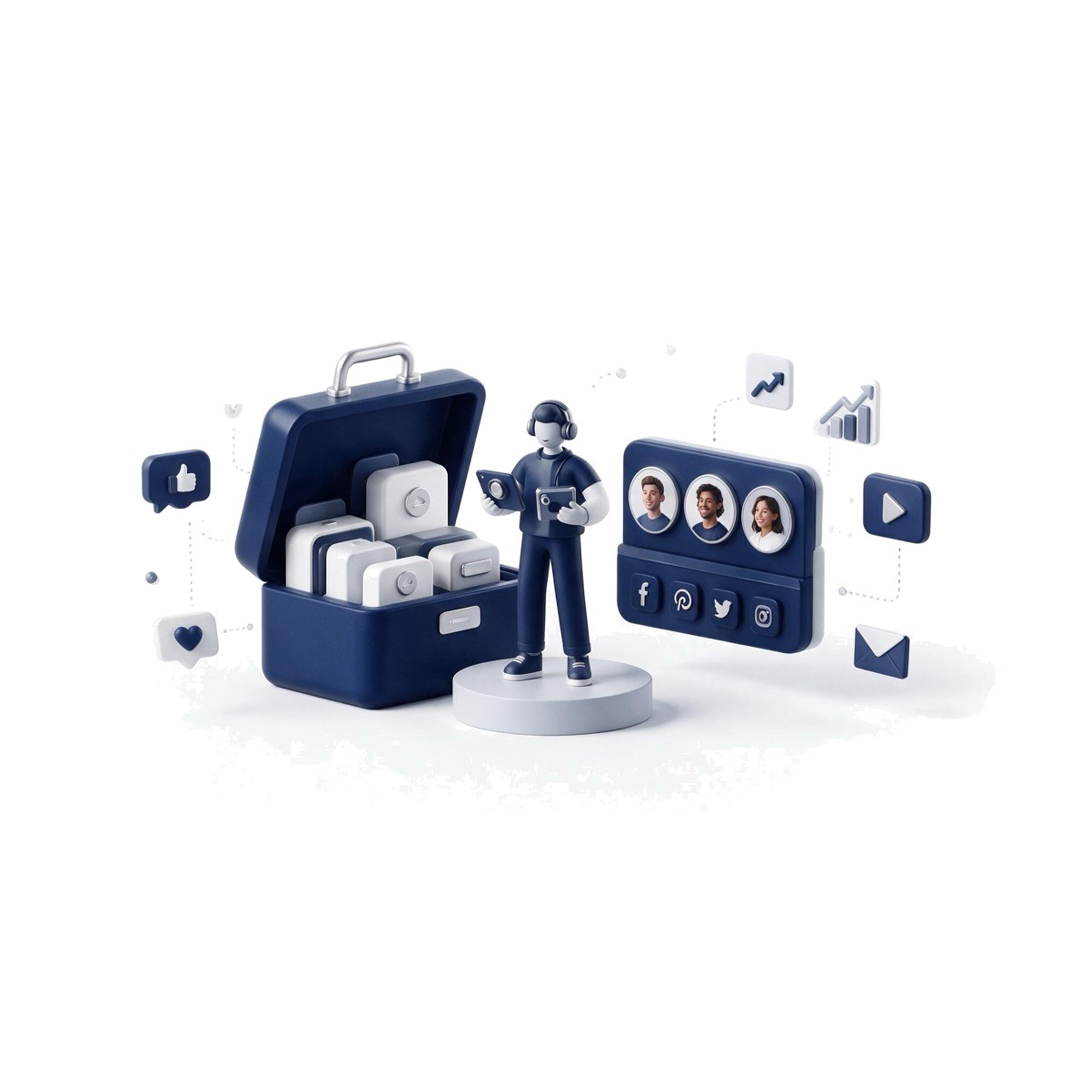 3D illustration of a creator with a toolkit of social apps and audience profiles