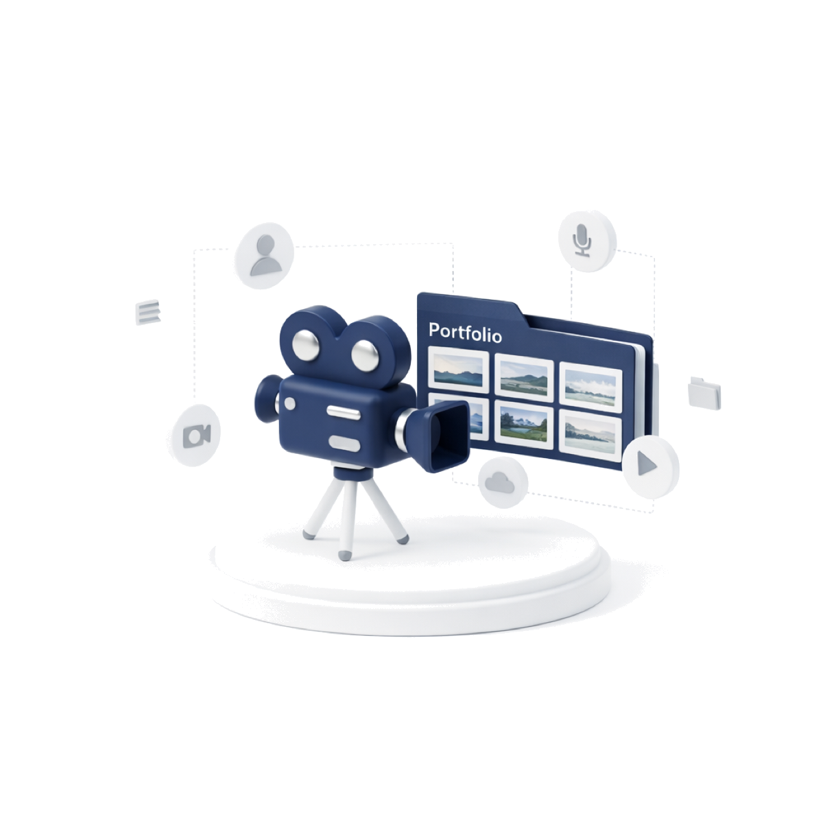 3D illustration of a video camera, tripod and a panel of social videos